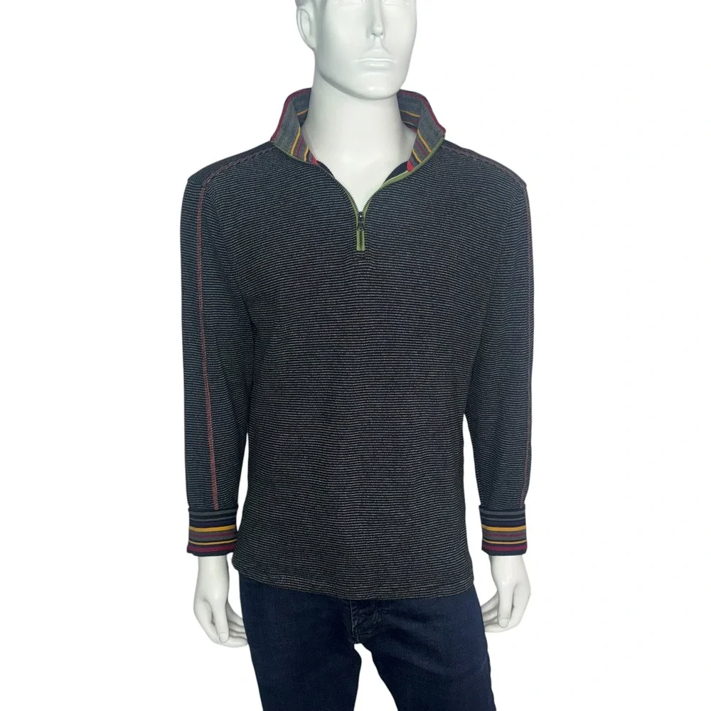 Robert Graham Mens Black Micro Stripe Quarter Zip Cotton Pullover Classic Fit L